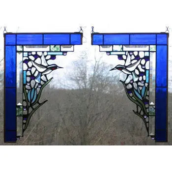 Edel Byrne Cobalt Blue Hummingbird Corner Pair Stained Glass Panels, Artistic Artisan Designer Stain Glass Window Panels