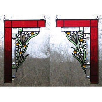 Edel Byrne Ruby Medium Floral Corner Pair Stained Glass Panels, Artistic Artisan Designer Stain Glass Window Panels