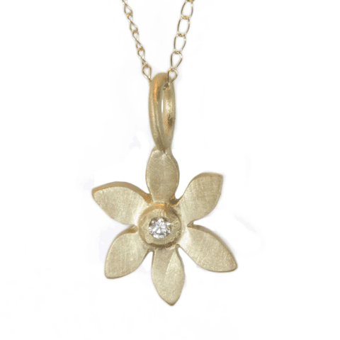 Emily Rosenfeld 14K Gold Flower Necklace with Diamond Artistic Artisan Designer Jewelry