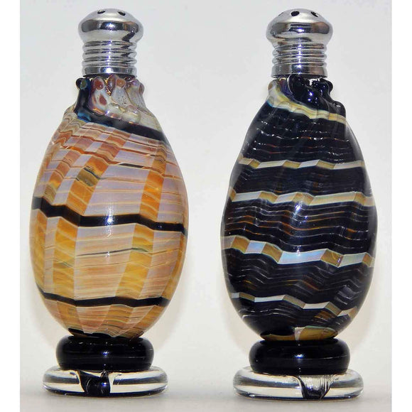 Four Sisters Art Glass Black and Cream Spiral Blown Glass Salt and Pepper Shaker 208 Artistic Glass Salt and Pepper Shakers