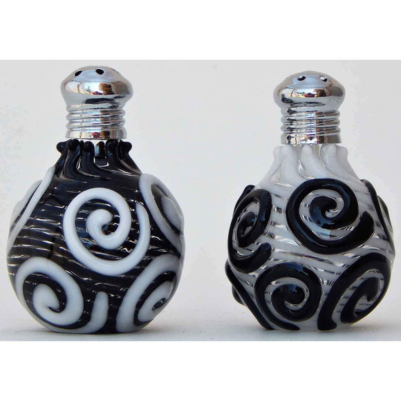 Four Sisters Art Glass Black and White Swirl Blown Glass Salt and Pepper Shaker 316 Artistic Glass Salt and Pepper Shakers