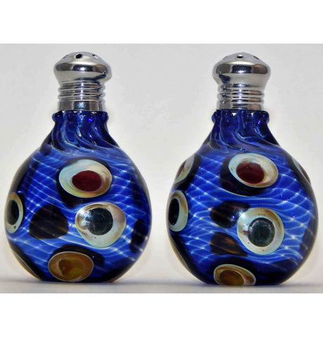 Four Sisters Art Glass Blue Dotted Blown Glass Salt and Pepper Shaker 305 Artistic Glass Salt and Pepper Shakers