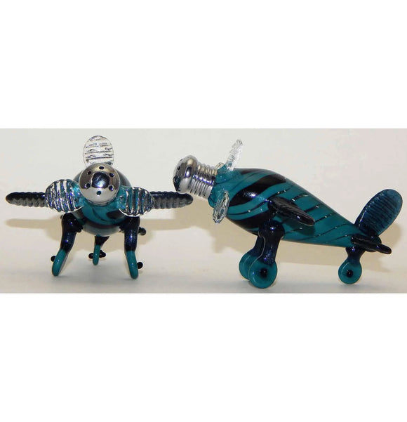 Four Sisters Art Glass Blue and Aqua Airplane Blown Glass Salt and Pepper Shaker 207 Artistic Glass Salt and Pepper Shakers