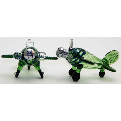 Four Sisters Art Glass Green Airplane Blown Glass Salt and Pepper Shaker 206 Artistic Glass Salt and Pepper Shakers