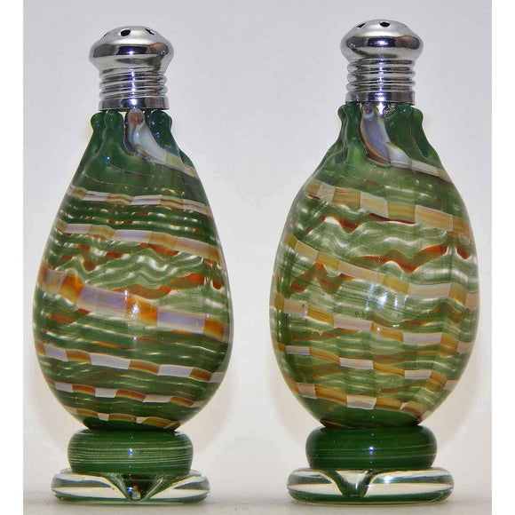 Four Sisters Art Glass Green and Cream Spiral Blown Gl ass Salt and Pepper Shaker 209 Artistic Handblown Glass Artistic Glass Salt and Pepper Shakers