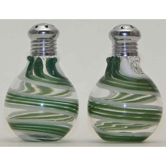 Four Sisters Art Glass Green and White Stripe Blown Glass Salt and Pepper Shaker 306 Artistic Glass Salt and Pepper Shakers