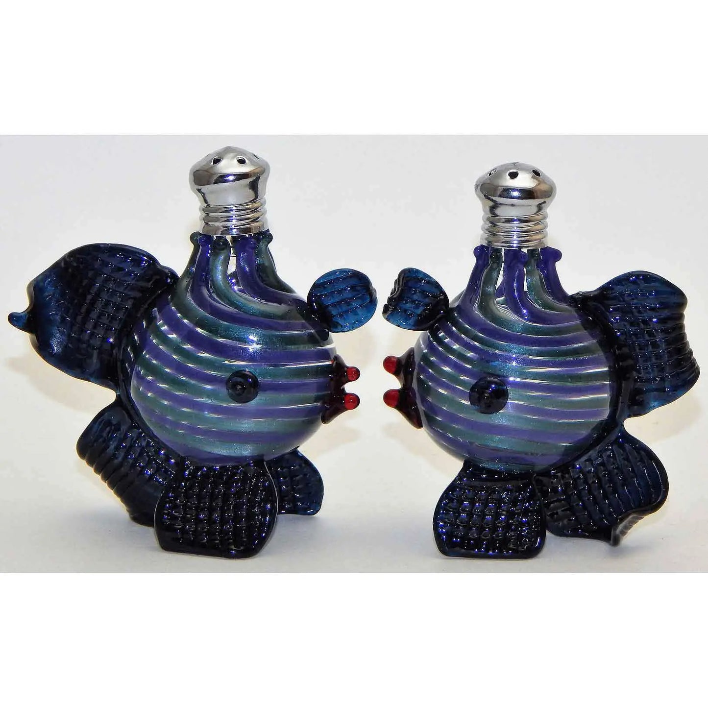 Four Sisters Art Glass Metallic Green and Purple Fish Blown Glass Salt and Pepper Shaker 266 Artistic Glass Salt and Pepper Shakers