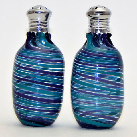Four Sisters Art Glass Purple Blue and Green Cylinder 213 Salt and Pepper Shaker Artistic Glass Salt and Pepper Shakers