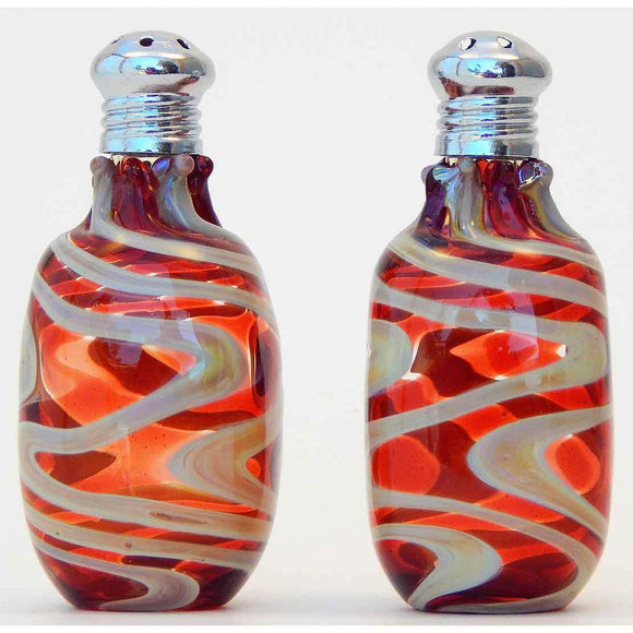 Four Sisters Art Glass Red and Cream Cylinder Blown Glass Salt and Pepper Shaker 212 Artistic Glass Salt and Pepper Shakers