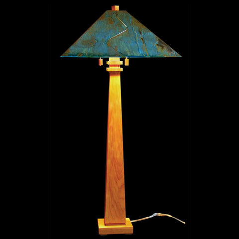 Franz GT Kessler Designs 1904 Mission Floor Lamp 4600-L2, Cherry Wood Floor Lamp, Blue Green Patina Copper Shade, Arts and Crafts, Artisan Lamps