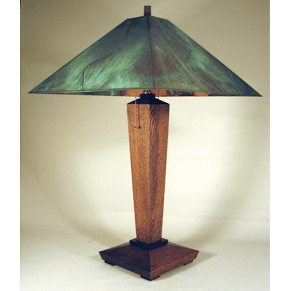 Franz GT Kessler Designs 1919 Mission Table Lamp Shown in White Oak and Walnut Stain Green Copper Patina Shade Mission Arts and Crafts Artisan Lamps