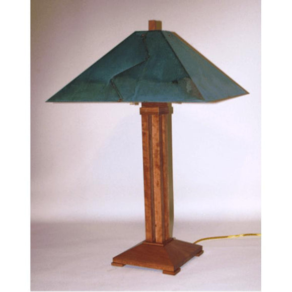 Franz GT Kessler Designs Auburn Pyramid Lamp Shown in Cherry with Green Copper Patina Shade Mission Arts and Crafts Artisan Lamps