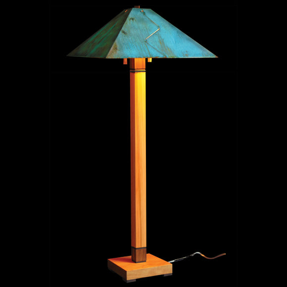 Franz GT Kessler Designs Chicago Floor Lamp 5700-L2, Hard Maple, Cherry, Walnut Wood Floor Lamp, Blue Green Patina Copper Shade, Mission, Arts and Crafts, Artisan Lamps