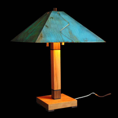 Franz GT Kessler Designs Chicago Table Lamp 5700-L1, Hard Maple, Cherry, Walnut Wood Table Lamp, Blue Green Patina Copper Shade, Mission, Arts and Crafts, Artisan Lamps