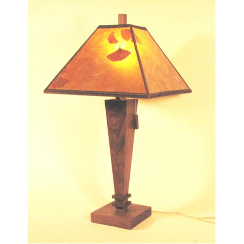 Franz GT Kessler Designs Cloquet Table Lamp Shown in Walnut with Amber Mica Gingko Shade Mission Arts and Crafts Artisan Lamps