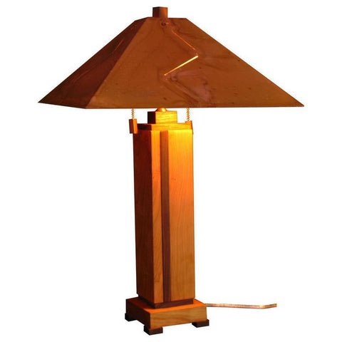Franz GT Kessler Designs Cupertino Table Lamp Shown in Cherry and Walnut with Copper Shade Mission Arts and Crafts Artisan Lamps