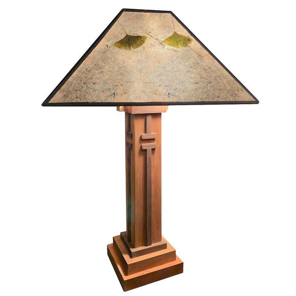 Franz GT Kessler Designs Los Gatos Table Lamp in Cherry and Walnut with Silver Mica Gingko Leaf Shade Mission Arts and Crafts Artisan Lamps
