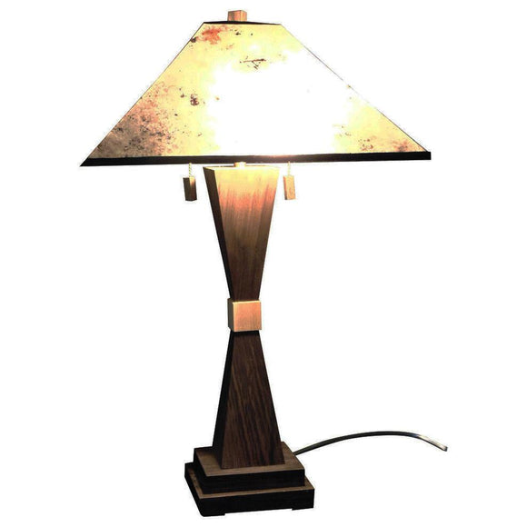 Franz GT Kessler Designs Paris Table Lamp Shown in Walnut and Maple with Silver Mica Shade Mission Arts and Crafts Artisan Lamps