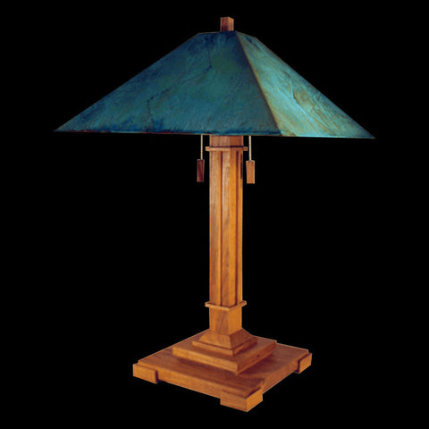 Franz GT Kessler Designs Pasadena Table Lamp 1007-L2, Hard Maple Table Lamp, Blue Green Patina Copper Shade, Mission, Arts and Crafts, Artisan Lamps