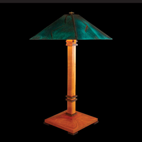 Franz GT Kessler Designs San Francisco Table Lamp 7000-L2, Cherry, Walnut Table Lamp, Blue Green Patina Copper Shade, Mission, Arts and Crafts, Artisan Lamps