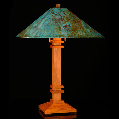 Franz GT Kessler Designs San Francisco Table Lamp 7000-L2, Hard Maple, Cherry Table Lamp, Blue Green Patina Copper Shade, Mission, Arts and Crafts, Artisan Lamps