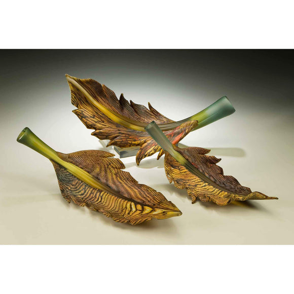 Gartner Blade Arbor Leaves in Sage and Topaz Group Hand Blown American Art Glass Sculptures