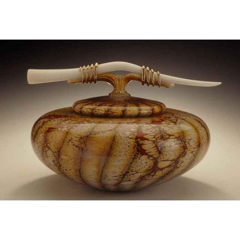Gartner Blade Batik Covered Bowl with Tied Bone Finial Hand Blown American Art Glass