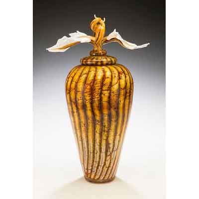 Gartner Blade Batik Covered Jar with Avian Finial Hand Blown American Art Glass