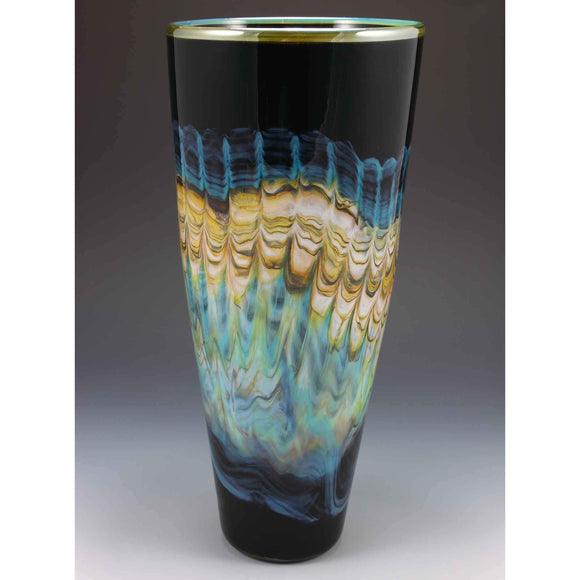 Gartner Blade Opal Cone Vase in Black and Turquoise Hand Blown American Art Glass Vases