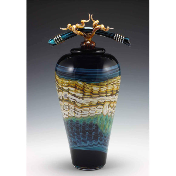 Gartner Blade Opal Covered Jar in Black and Turquoise Hand Blown American Art Glass
