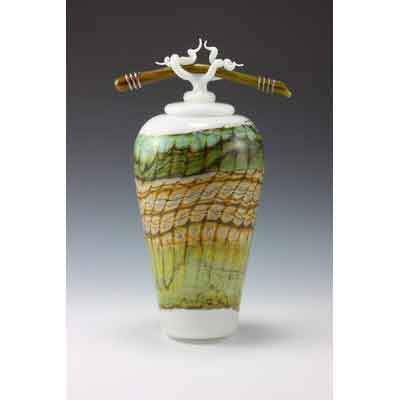 Gartner Blade Opal Covered Jar with Bone and Tendril Finial Hand Blown American Art Glass