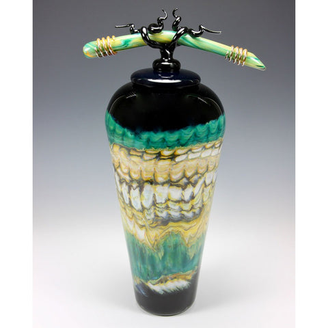Gartner Blade Opal Covered Jar with Tied Bone Finial in Black and Turquoise Hand Blown American Art Glass