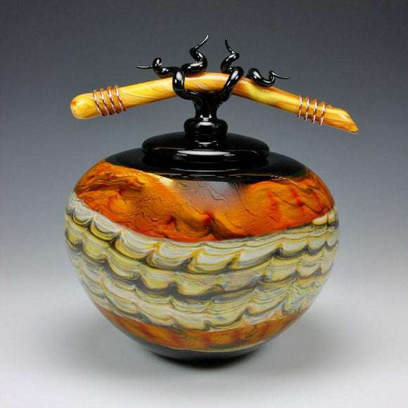 Gartner Blade Opal Covered Sphere Jar with Tied Bone Finial in Black and Tangerine Hand Blown American Art Glass