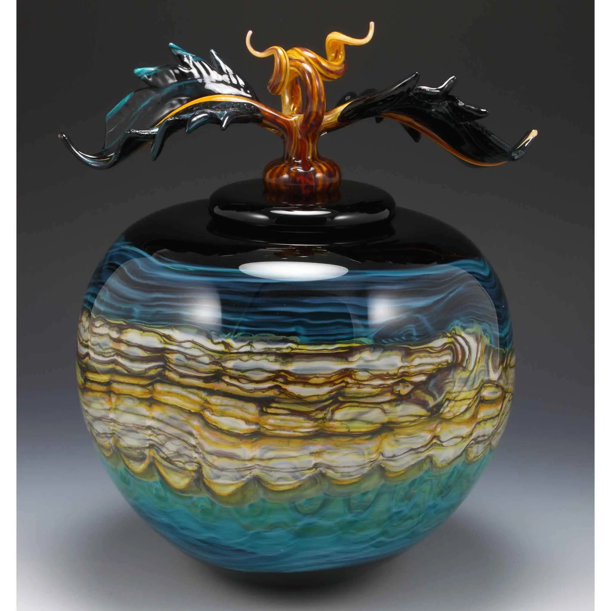 Gartner Blade Art Glass Opal Covered Sphere in Black and Turquoise