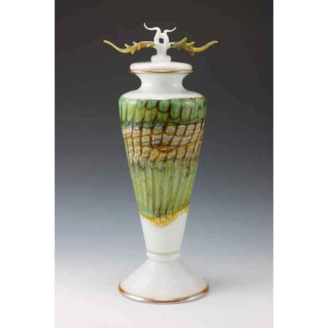 Gartner Blade Opal Covered Vessel with Avian Finial in White Hand Blown American Art Glass