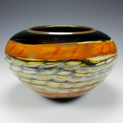 Gartner Blade Opal Open Bowl in Black and Tangerine Hand Blown American Art Glass