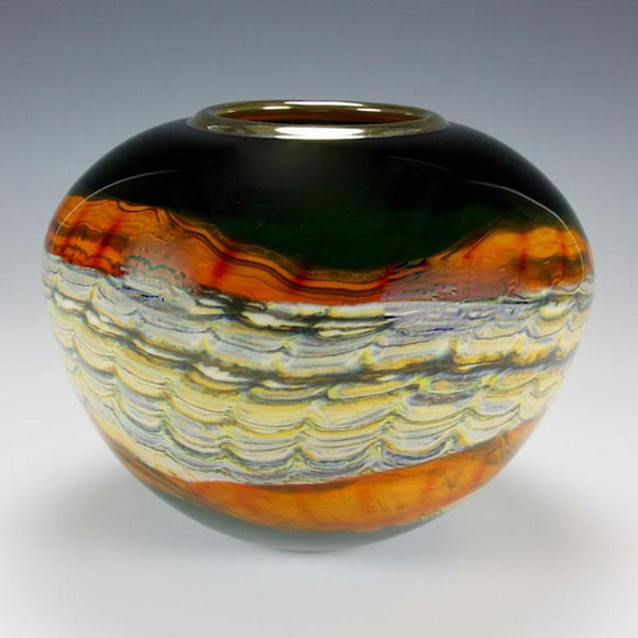 Gartner Blade Opal Sphere Vase in Black and Tangerine Hand Blown American Art Glass Vases