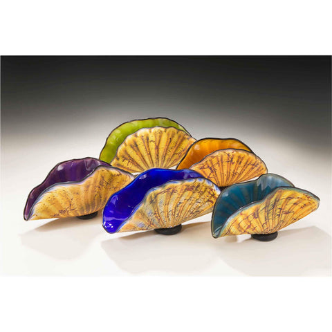 Gartner Blade Primitive Shells Front to Back Aqua Cobalt Amethyst Topaz and Lime Hand Blown American Art Glass Sculptures