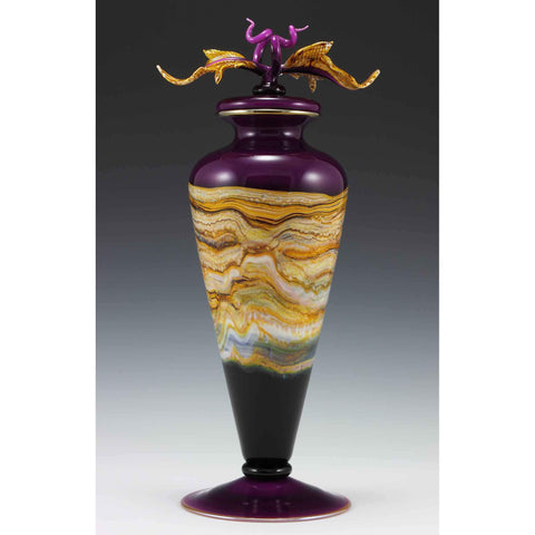 Gartner Blade Strata Covered Footed Vase in Blue Amethyst with Avian Finial Hand Blown American Art Glass