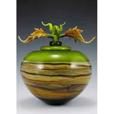 Gartner Blade Strata Covered Sphere in Lime with Avian Finial Hand Blown American Art Glass