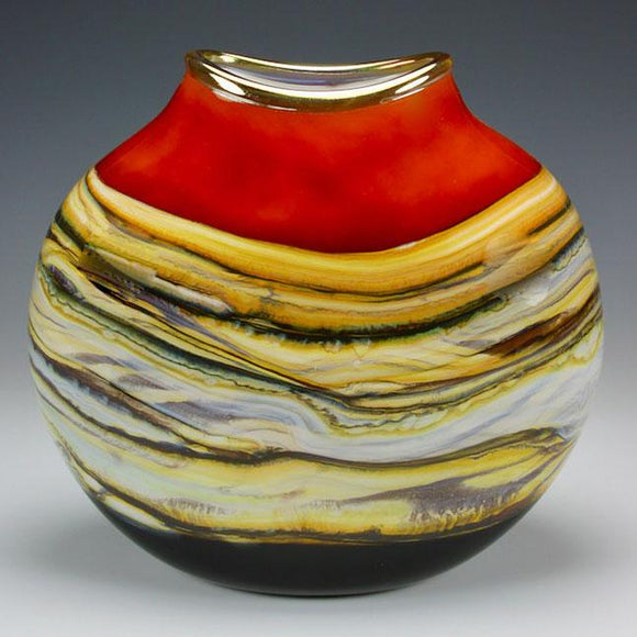 Gartner Blade Strata Flat Vessel in Tangerine Hand Blown American Art Glass Vases