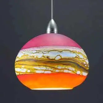 Gartner Blade Strata Round Pendant in Ruby and Tangerine Lit Hand Blown American Art Glass Pendant Lighting