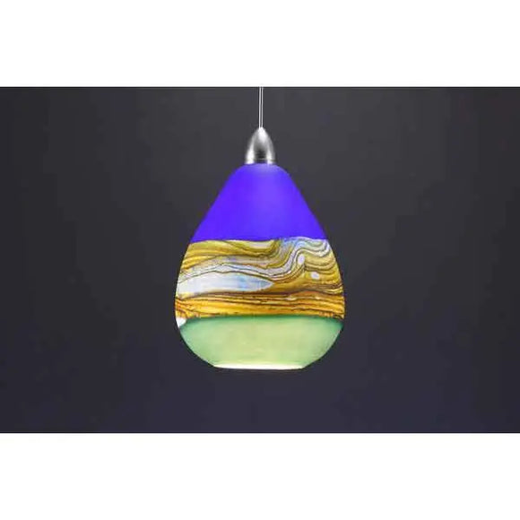 Gartner Blade Strata Teardrop Pendant in Cobalt and Sage Lit Hand Blown American Art Glass Pendant Lighting