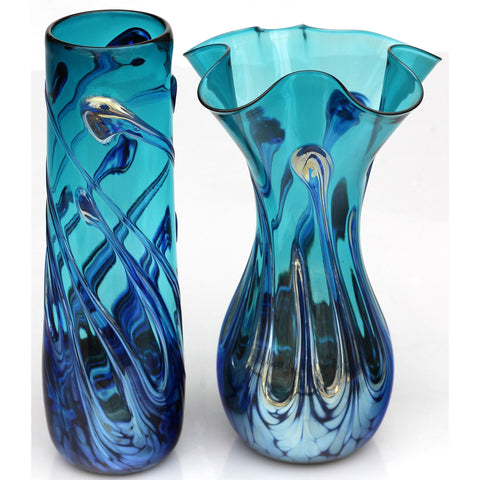 Glass Rocks Dottie Boscamp Lily Pad Series Teal Vases Artisan Handblown Art Glass Vases