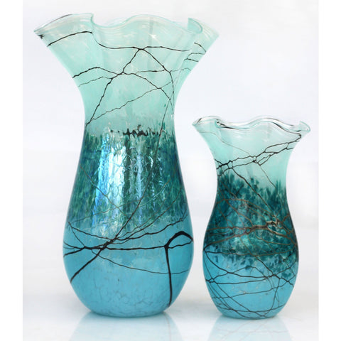 Glass Rocks Dottie Boscamp Silver Green Fluted Small and Large Vase Artistic Handblown Art Glass Vases