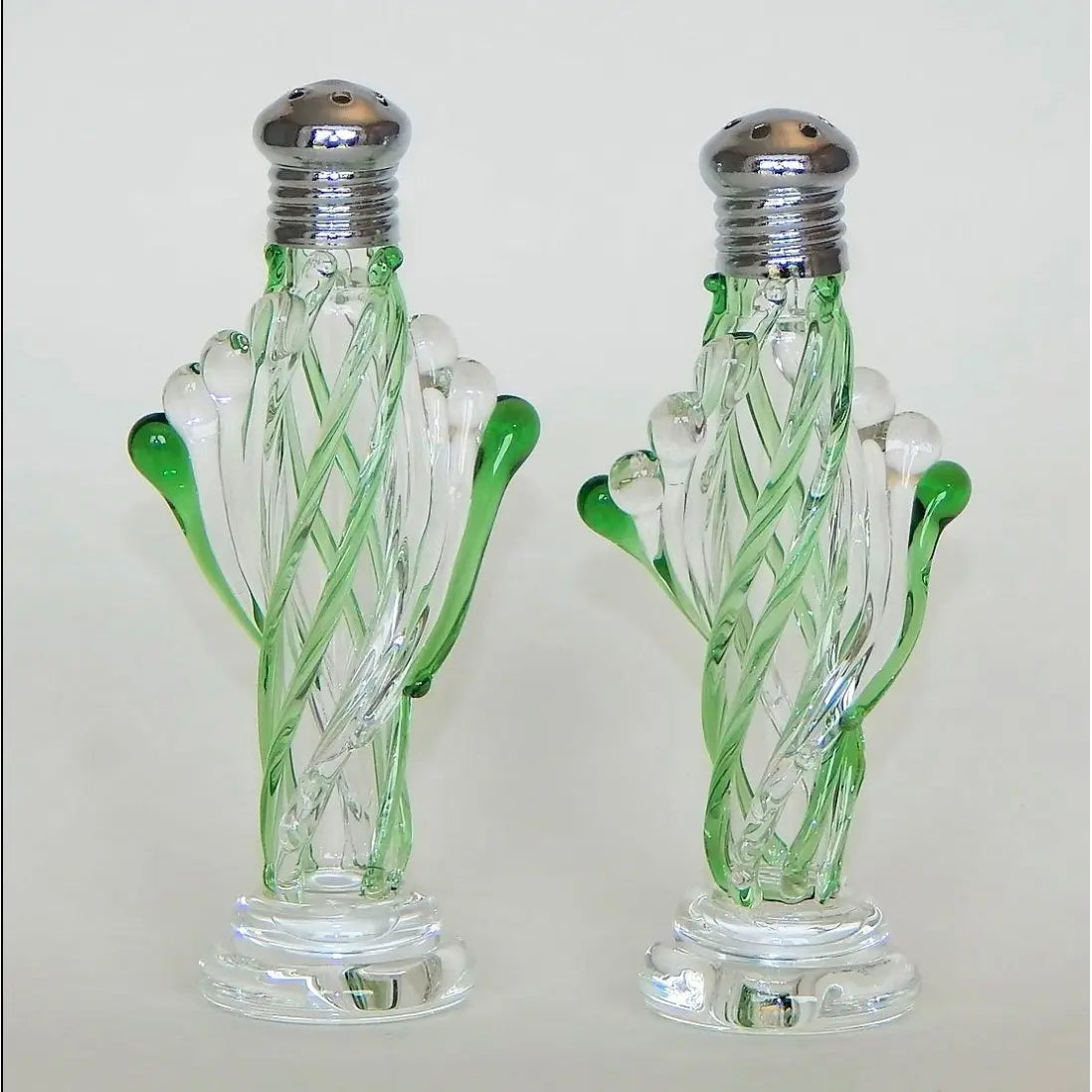 Green and Clear 221 Blown Glass Salt and Pepper Shaker by Four Sisters Art Glass