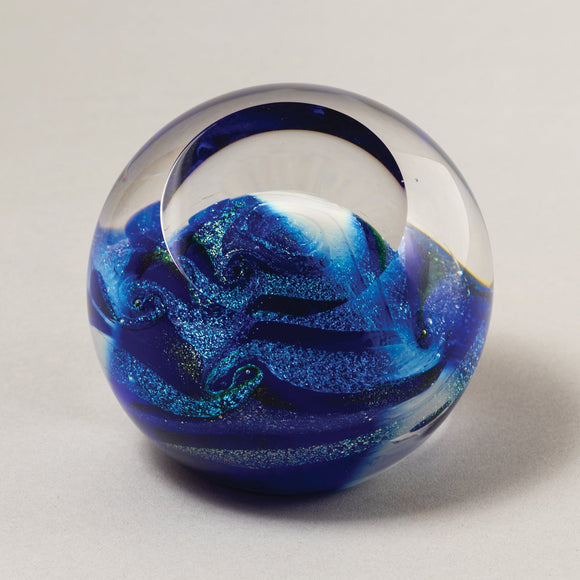 Handblown Glass Celestial Blue Planet Paperweight By Glass Eye Studio Artistic Artisan Crafted Paperweights