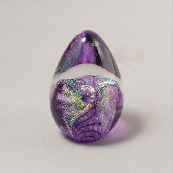 Handblown Glass Dichroic Egg Paperweight in Purple Passion Flower By Glass Eye Studio Artistic Artisan Crafted Paperweights