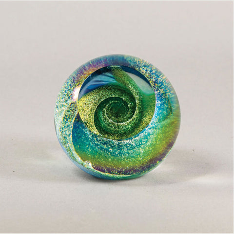 Handblown Glass Fireball Paperweight in Emerald Sky By Glass Eye Studio Artistic Artisan Crafted Paperweights