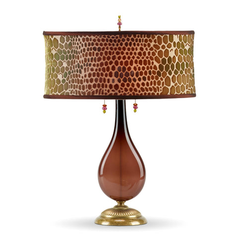 Hazel Table Lamp 143Aj127, Kinzig Design, Colors Brown and Green Blown Glass, Silk Shade, Artistic Artisan Designer Table Lamps